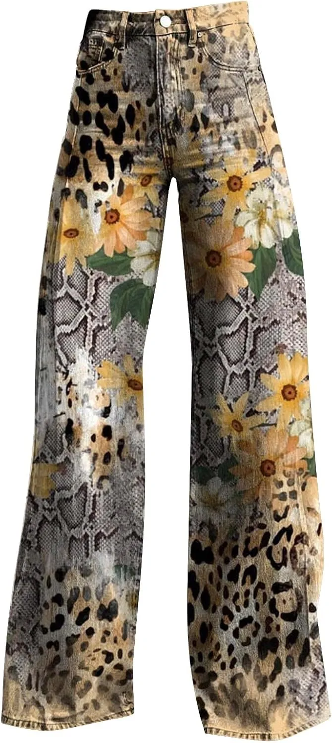 Women's Flare Jeans Wide Leg Baggy Pant Vintage Floral Print High Waisted Straight Stretch Loose Pants with Pockets