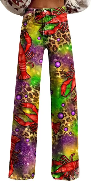Women's Flare Jeans Wide Leg Baggy Pant Vintage Floral Printed High Waisted Straight Stretch Pants with Pockets