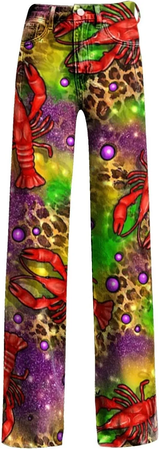 Women's Flare Jeans Wide Leg Baggy Pant Vintage Floral Printed High Waisted Straight Stretch Pants with Pockets