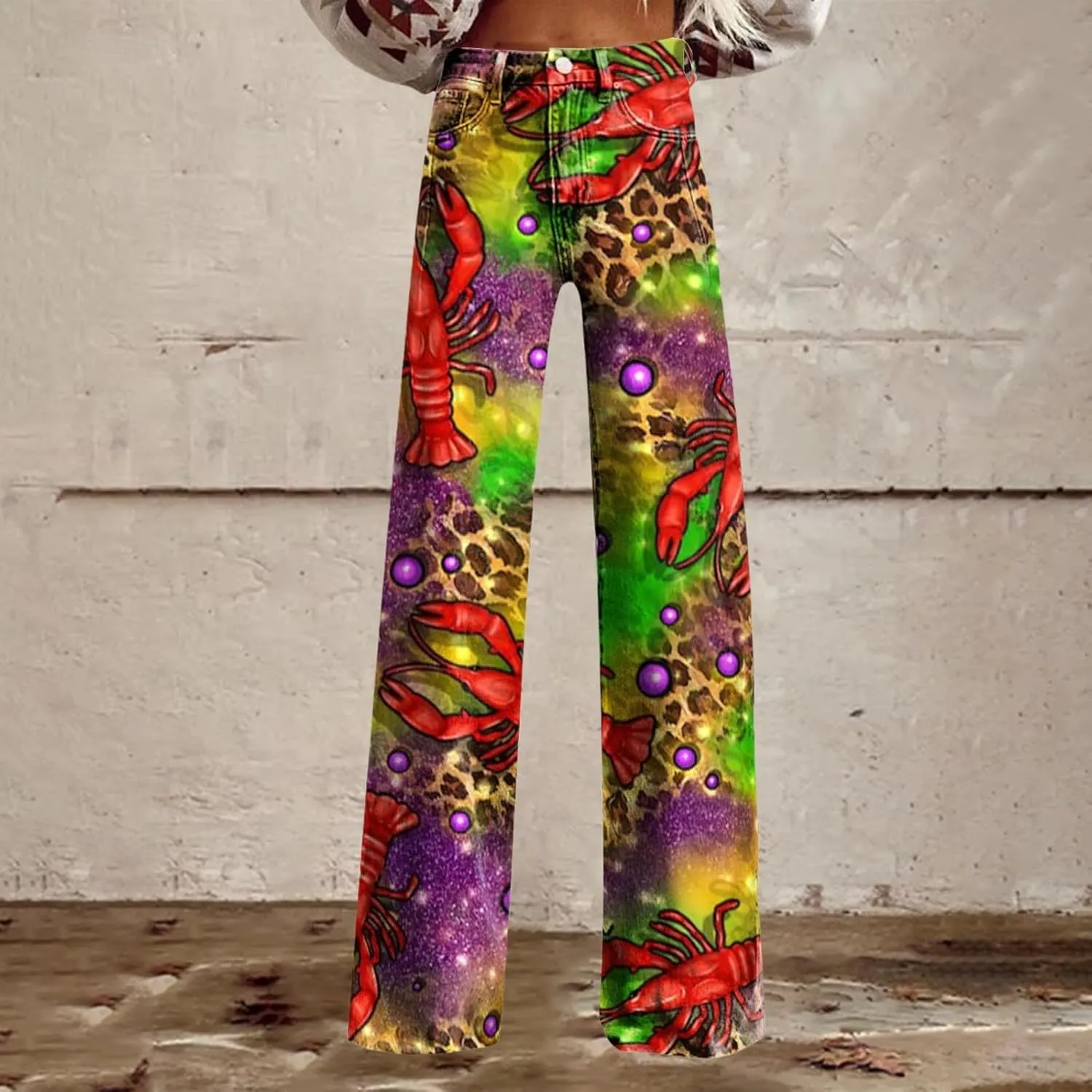 Women's Flare Jeans Wide Leg Baggy Pant Vintage Floral Printed High Waisted Straight Stretch Pants with Pockets