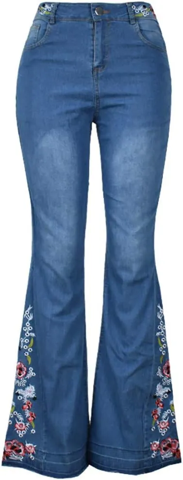 Womens Flared Jeans High Waisted Bell Bottom Jeans 70s Retro Jeans Lightweight Denim Pants Embroidered Bootcut Jeans