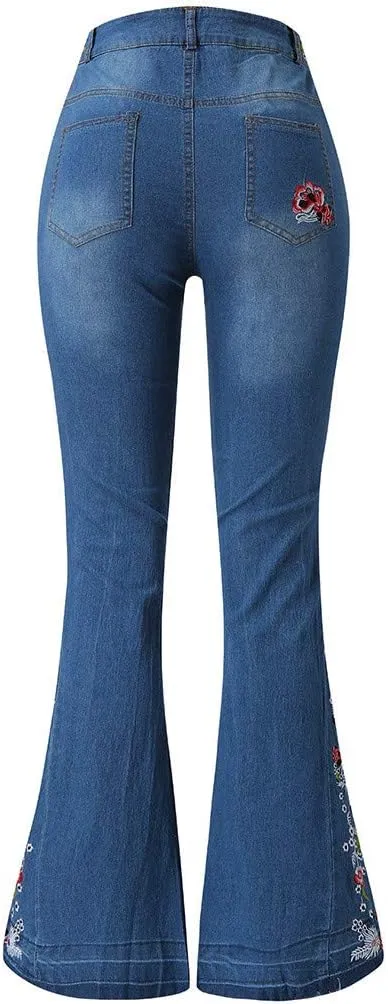 Womens Flared Jeans High Waisted Bell Bottom Jeans 70s Retro Jeans Lightweight Denim Pants Embroidered Bootcut Jeans