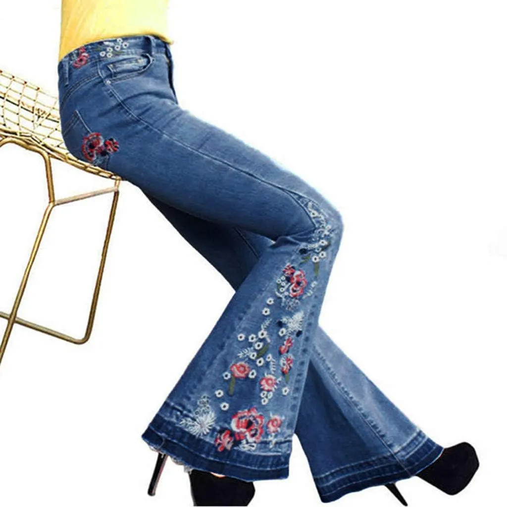 Womens Flared Jeans High Waisted Bell Bottom Jeans 70s Retro Jeans Lightweight Denim Pants Embroidered Bootcut Jeans