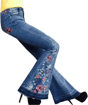 Womens Flared Jeans High Waisted Bell Bottom Jeans 70s Retro Jeans Lightweight Denim Pants Embroidered Bootcut Jeans