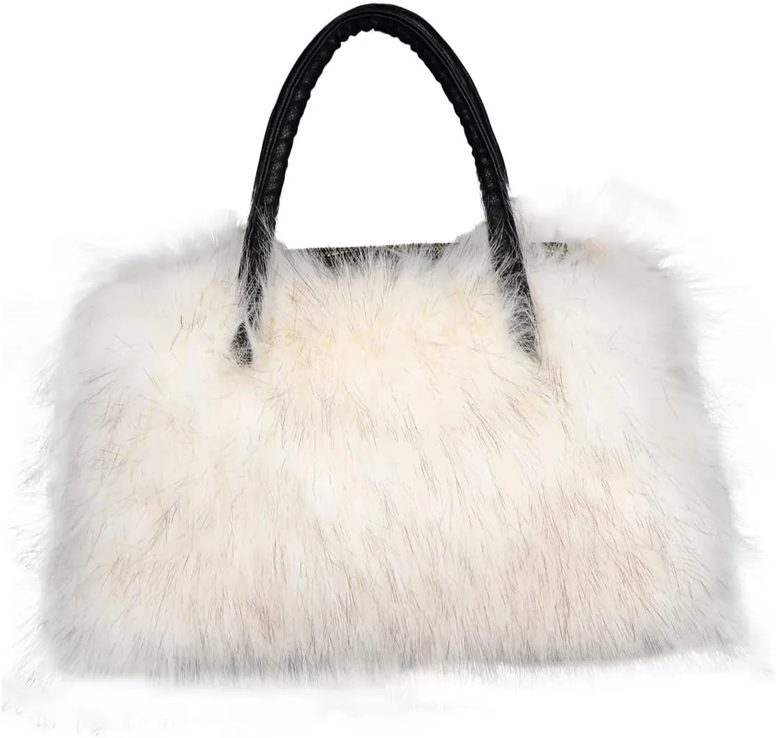 Women's Furry Shoulder Handbags Faux Fur Work Tote Bag for Women Fluffy Satchel Handbags Wristlet Zipper Purses