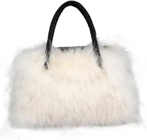 Women's Furry Shoulder Handbags Faux Fur Work Tote Bag for Women Fluffy Satchel Handbags Wristlet Zipper Purses