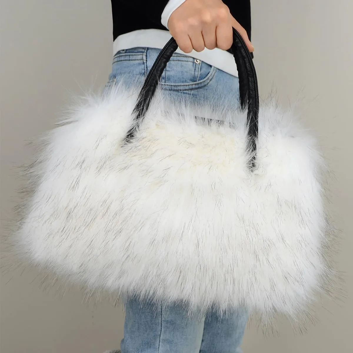 Women's Furry Shoulder Handbags Faux Fur Work Tote Bag for Women Fluffy Satchel Handbags Wristlet Zipper Purses