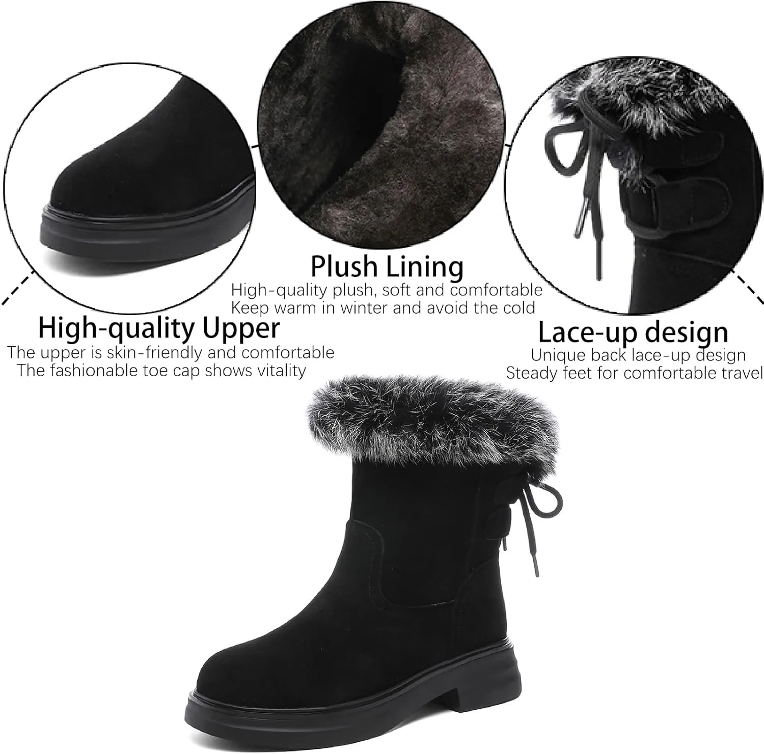 Women's Genuine Leather Chunky Heel Mid Calf Boots Warm Fur Lined Fashion Comfort Round Toe Lace Up Anti-slip Platform Low Heel Short Bootie Winter Outdoor Walking Snow Boots