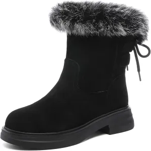 Women's Genuine Leather Chunky Heel Mid Calf Boots Warm Fur Lined Fashion Comfort Round Toe Lace Up Anti-slip Platform Low Heel Short Bootie Winter Outdoor Walking Snow Boots