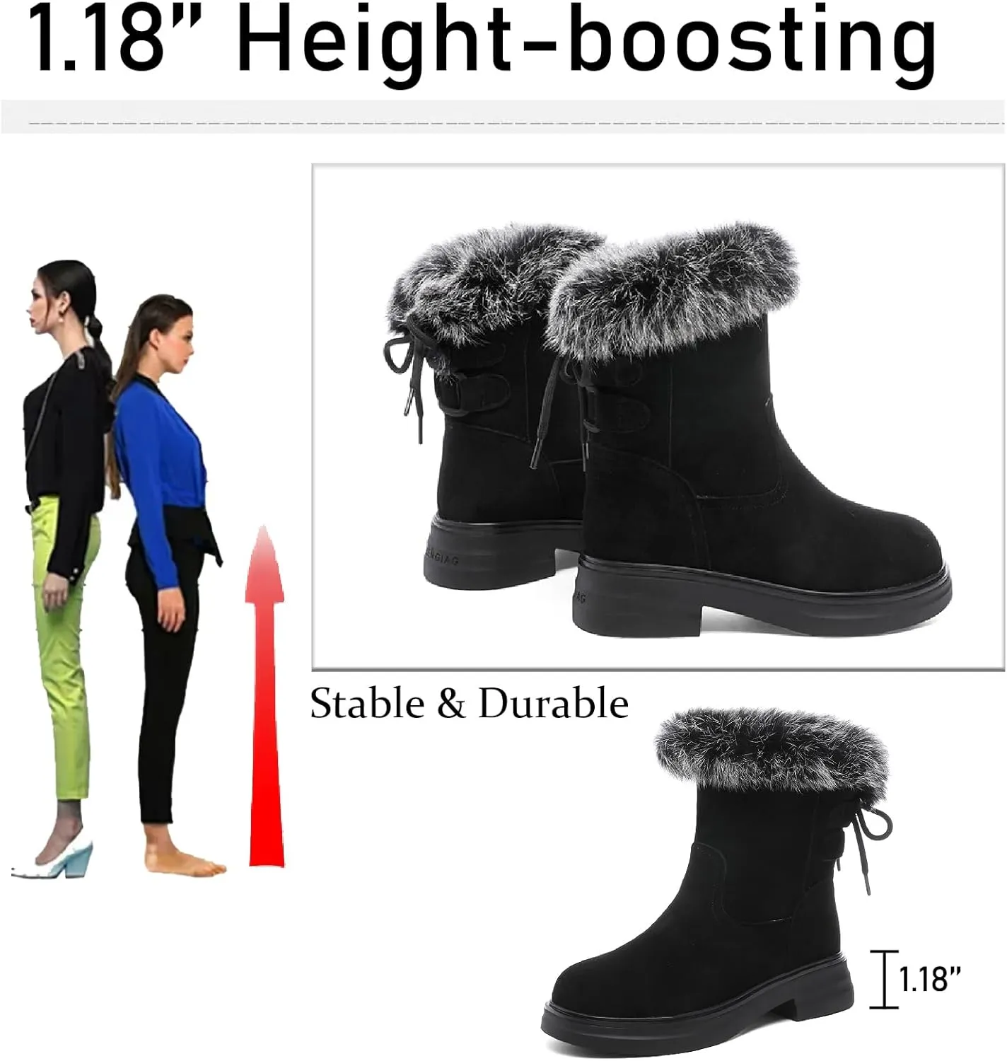 Women's Genuine Leather Chunky Heel Mid Calf Boots Warm Fur Lined Fashion Comfort Round Toe Lace Up Anti-slip Platform Low Heel Short Bootie Winter Outdoor Walking Snow Boots