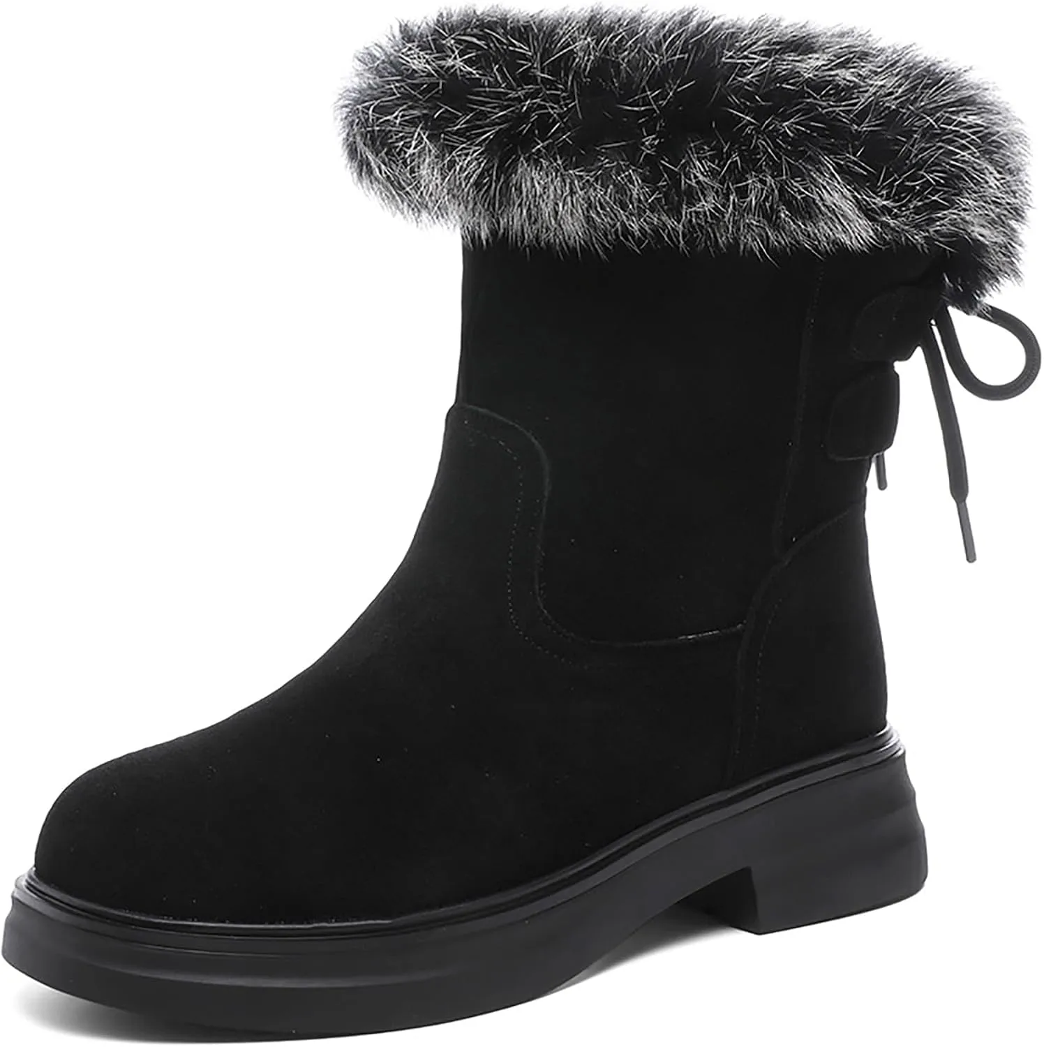 Women's Genuine Leather Chunky Heel Mid Calf Boots Warm Fur Lined Fashion Comfort Round Toe Lace Up Anti-slip Platform Low Heel Short Bootie Winter Outdoor Walking Snow Boots