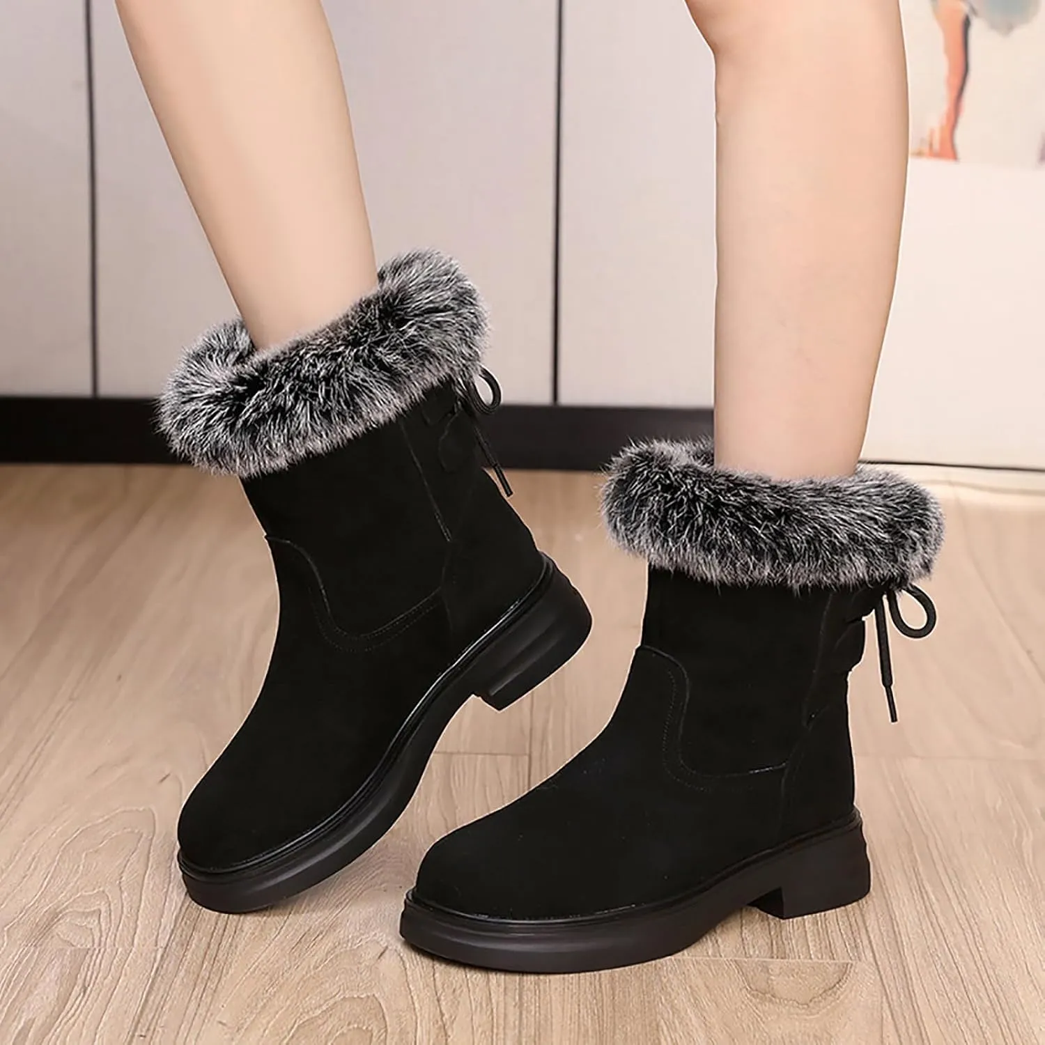 Women's Genuine Leather Chunky Heel Mid Calf Boots Warm Fur Lined Fashion Comfort Round Toe Lace Up Anti-slip Platform Low Heel Short Bootie Winter Outdoor Walking Snow Boots