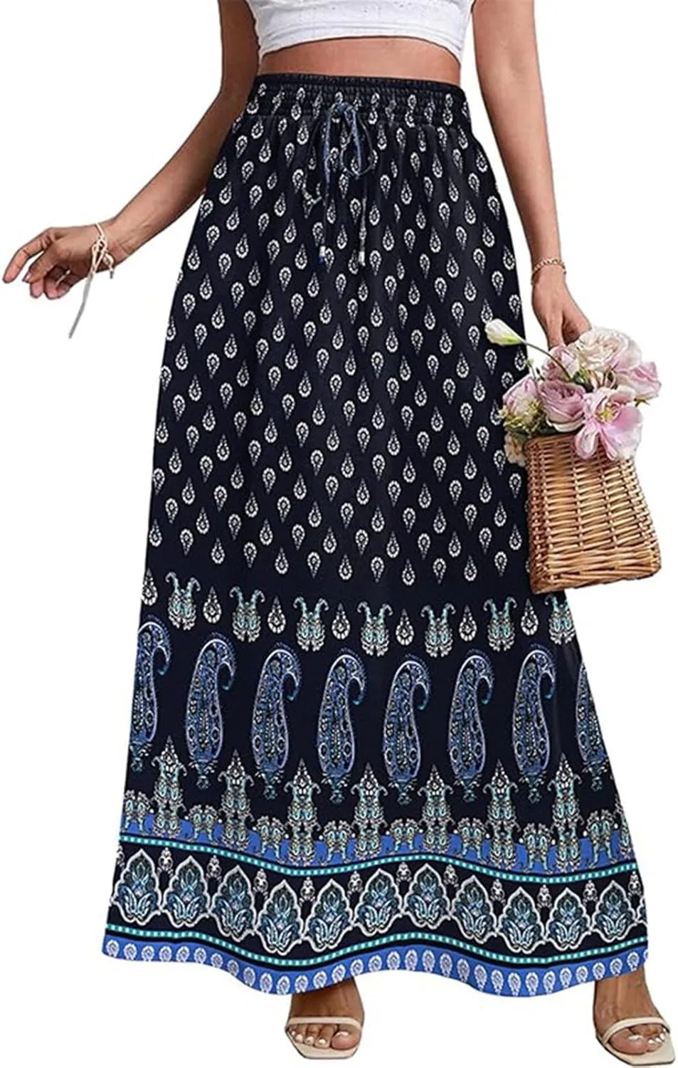 Womens High Waist Flared Maxi Skirts Boho Floral Swing Midi Skirt Casual Summer Long Skirt Beach Vacation Resort