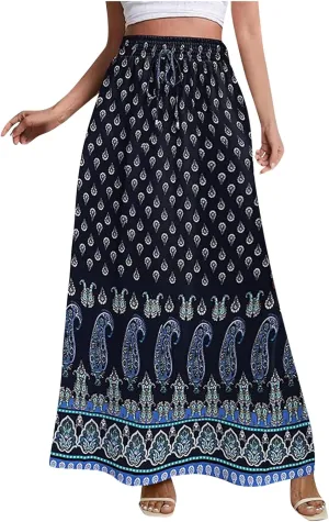 Womens High Waist Flared Maxi Skirts Boho Floral Swing Midi Skirt Casual Summer Long Skirt Beach Vacation Resort
