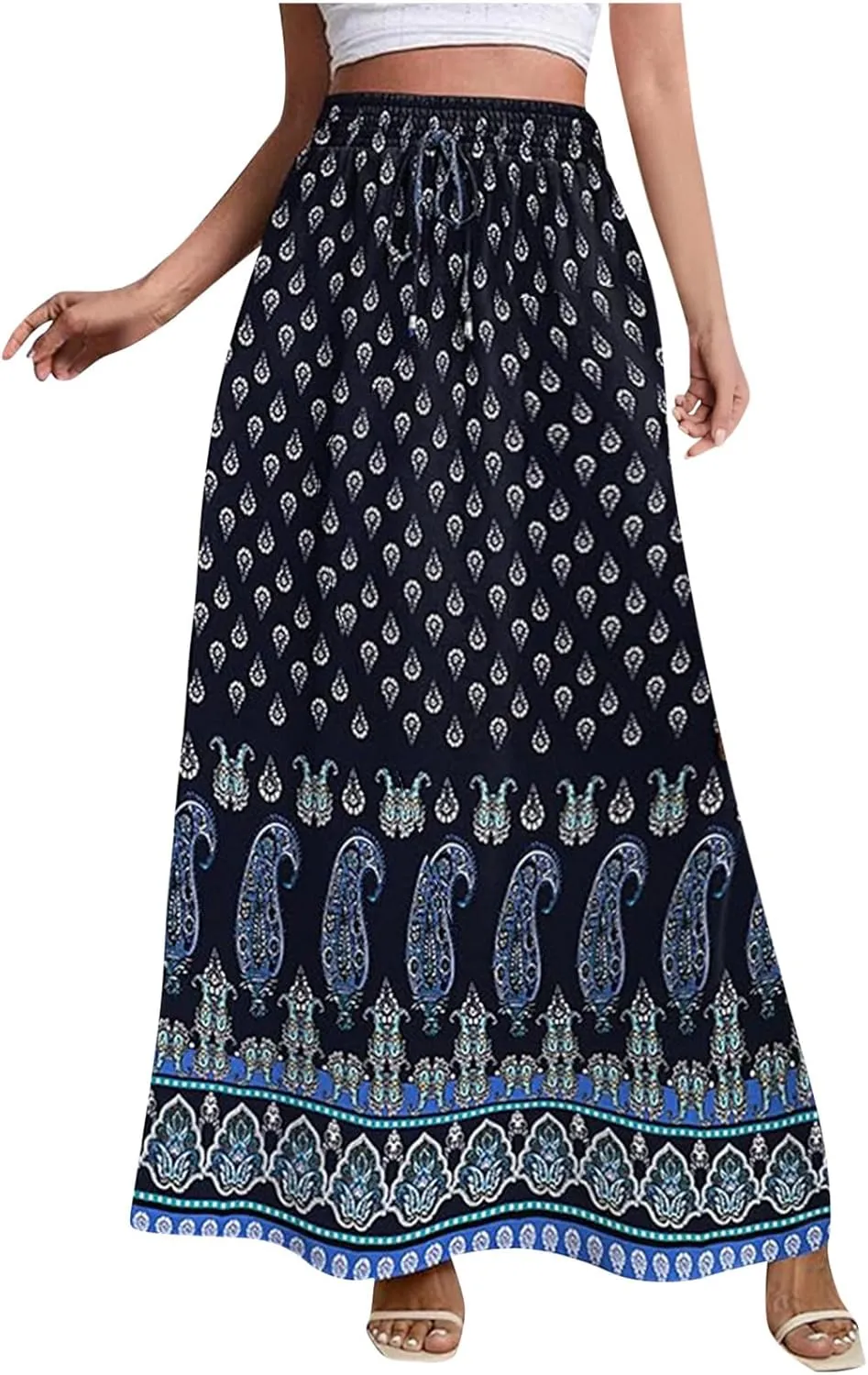 Womens High Waist Flared Maxi Skirts Boho Floral Swing Midi Skirt Casual Summer Long Skirt Beach Vacation Resort