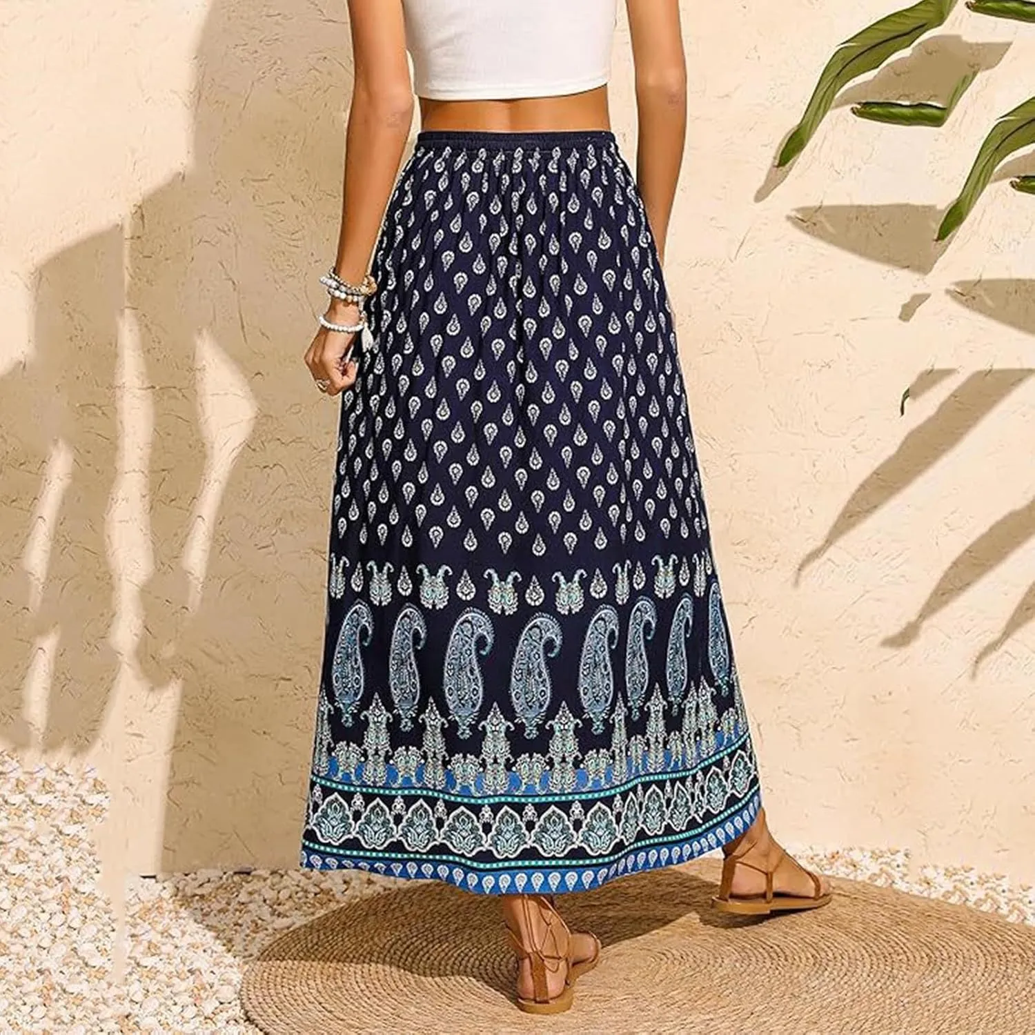Womens High Waist Flared Maxi Skirts Boho Floral Swing Midi Skirt Casual Summer Long Skirt Beach Vacation Resort