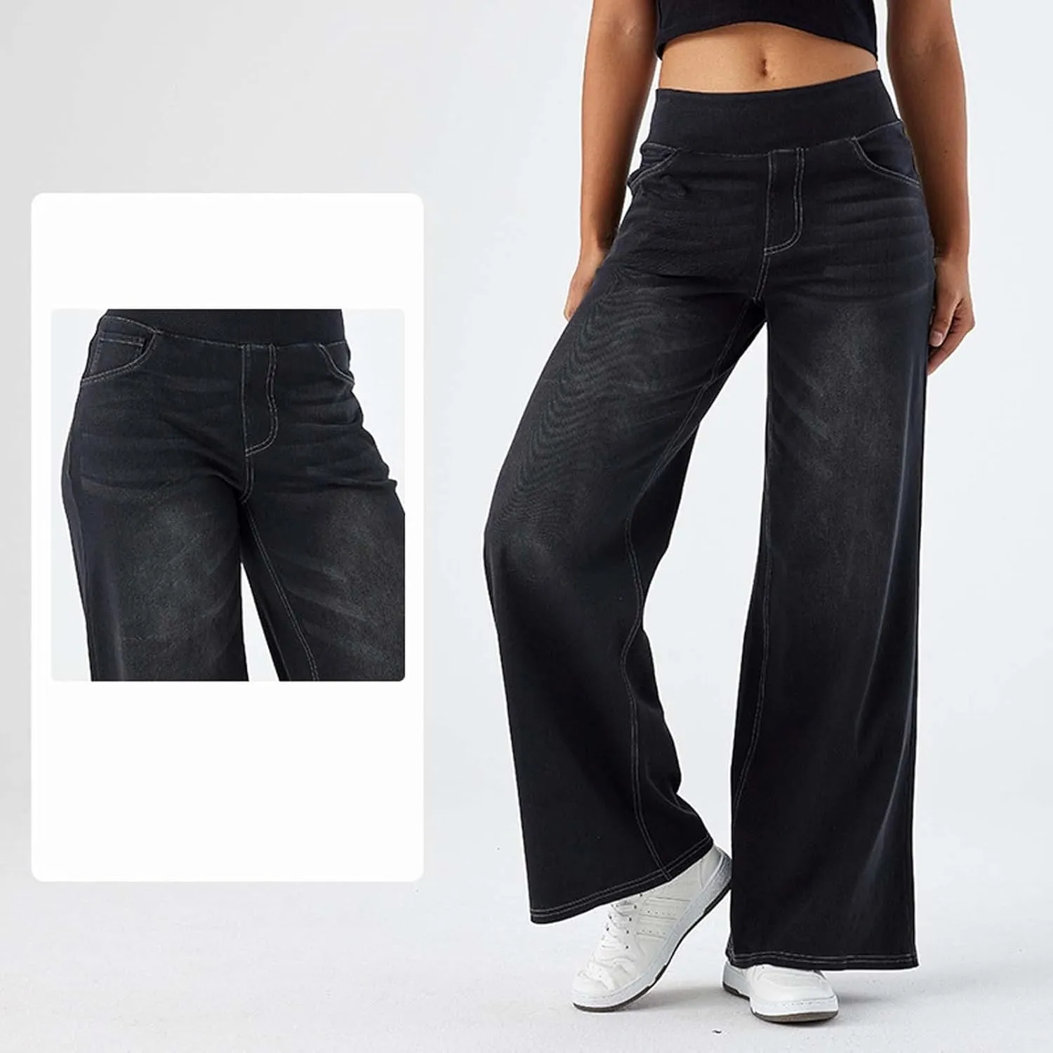 Womens Jeans Stretchy High Waist Wide Leg Baggy Jeans Loose Fit Casual Denim Pants with Pockets Trendy Outfits