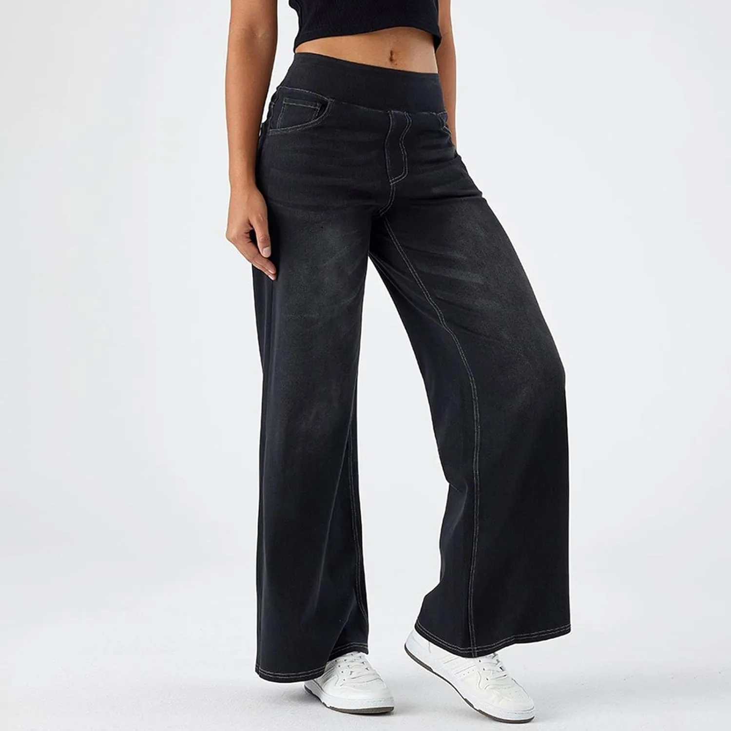 Womens Jeans Stretchy High Waist Wide Leg Baggy Jeans Loose Fit Casual Denim Pants with Pockets Trendy Outfits
