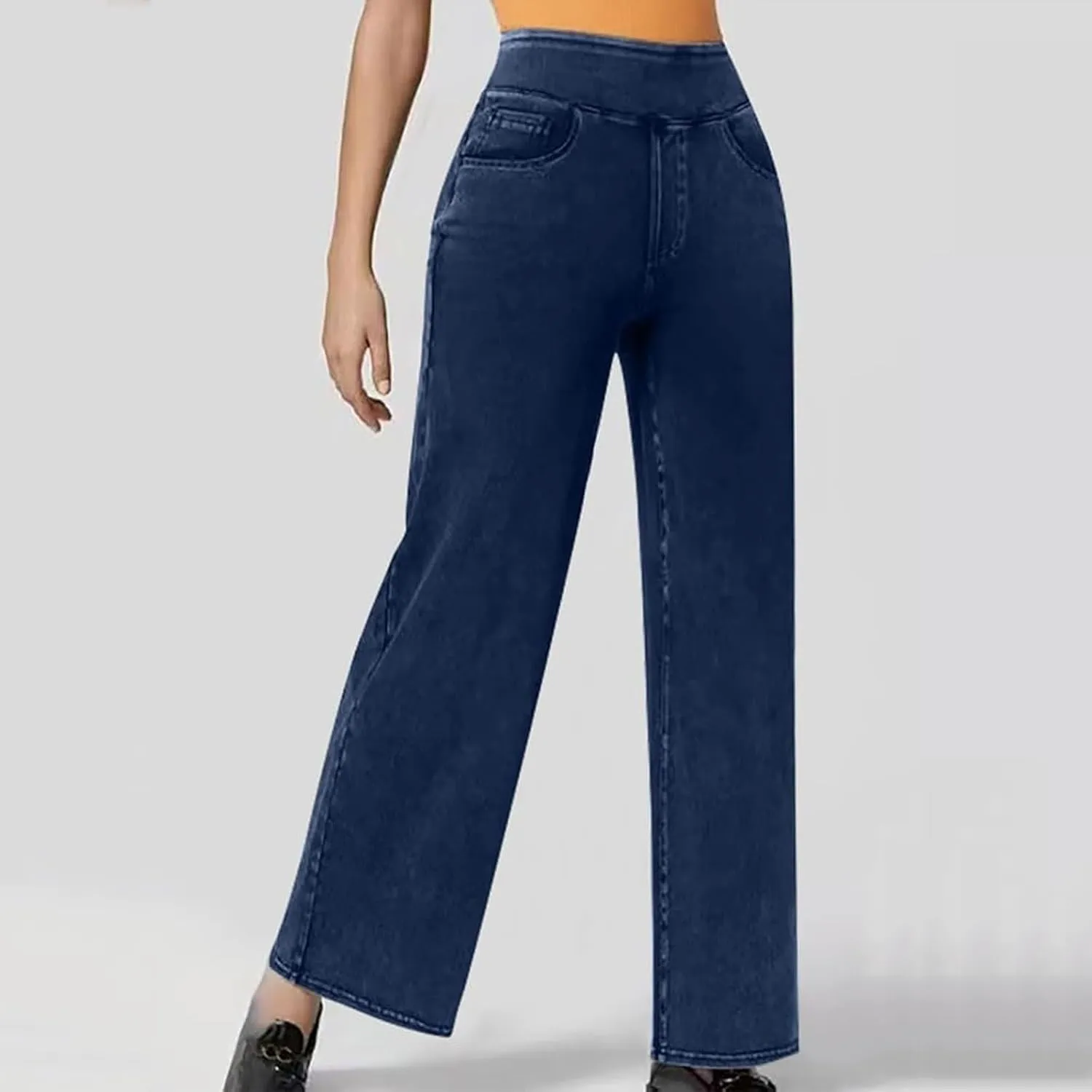 Womens Jeans Stretchy High Waist Wide Leg Baggy Jeans Loose Fit Casual Denim Pants with Pockets Trendy Outfits