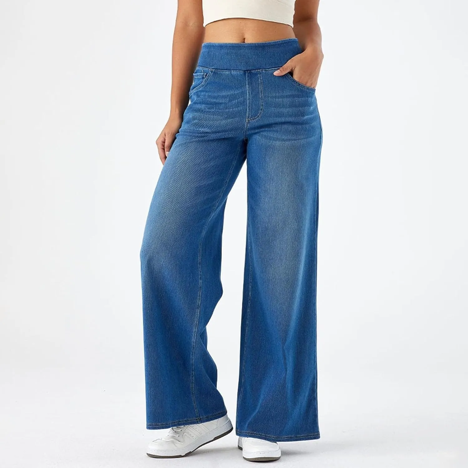 Womens Jeans Stretchy High Waist Wide Leg Baggy Jeans Loose Fit Casual Denim Pants with Pockets Trendy Outfits