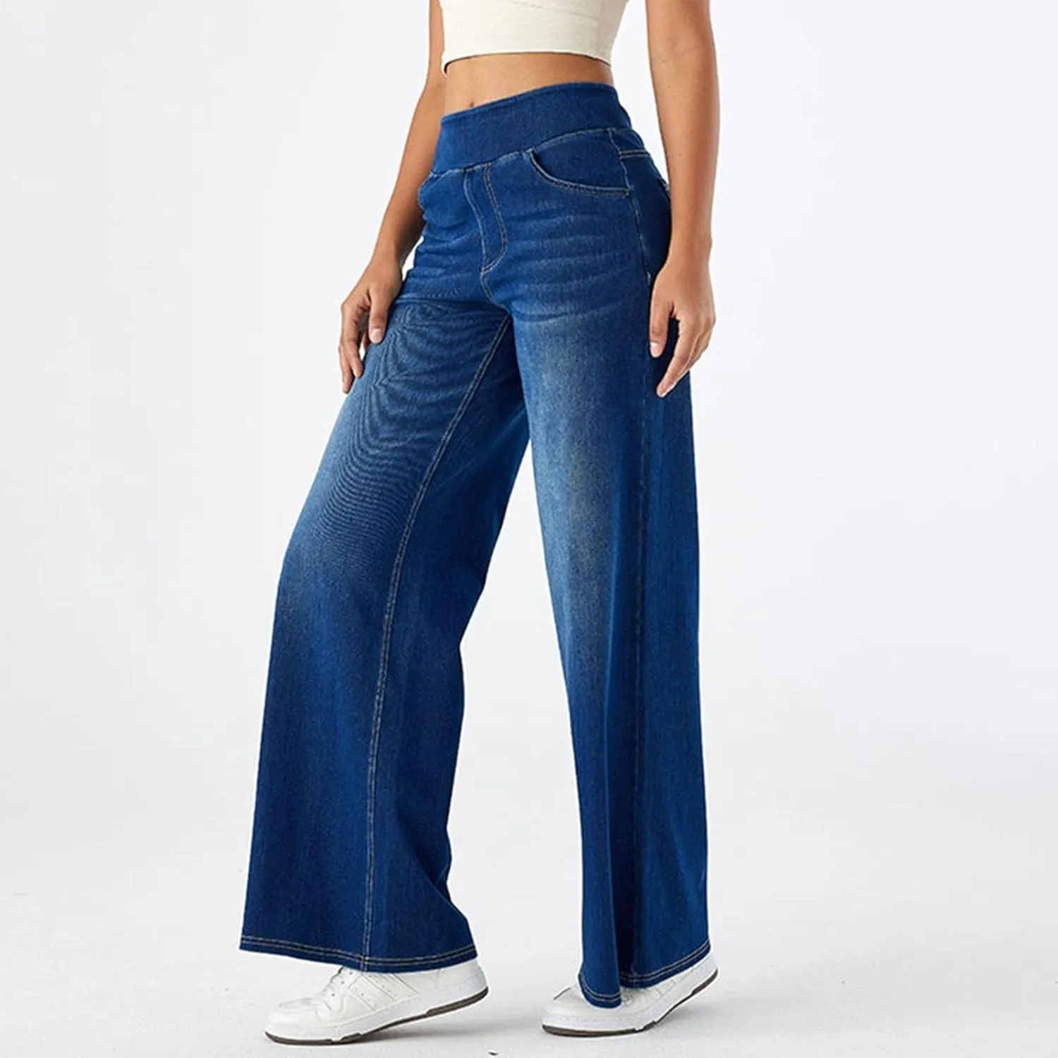 Womens Jeans Stretchy High Waist Wide Leg Baggy Jeans Loose Fit Casual Denim Pants with Pockets Trendy Outfits