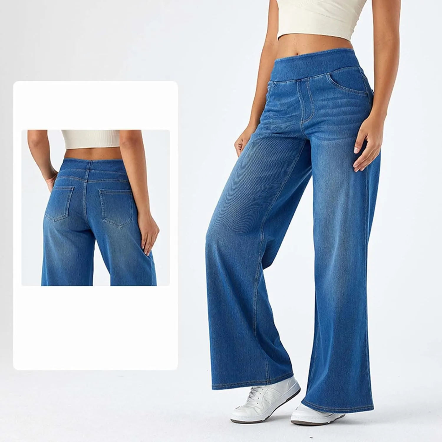 Womens Jeans Stretchy High Waist Wide Leg Baggy Jeans Loose Fit Casual Denim Pants with Pockets Trendy Outfits