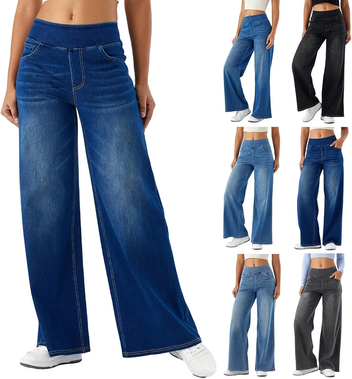Womens Jeans Stretchy High Waist Wide Leg Baggy Jeans Loose Fit Casual Denim Pants with Pockets Trendy Outfits
