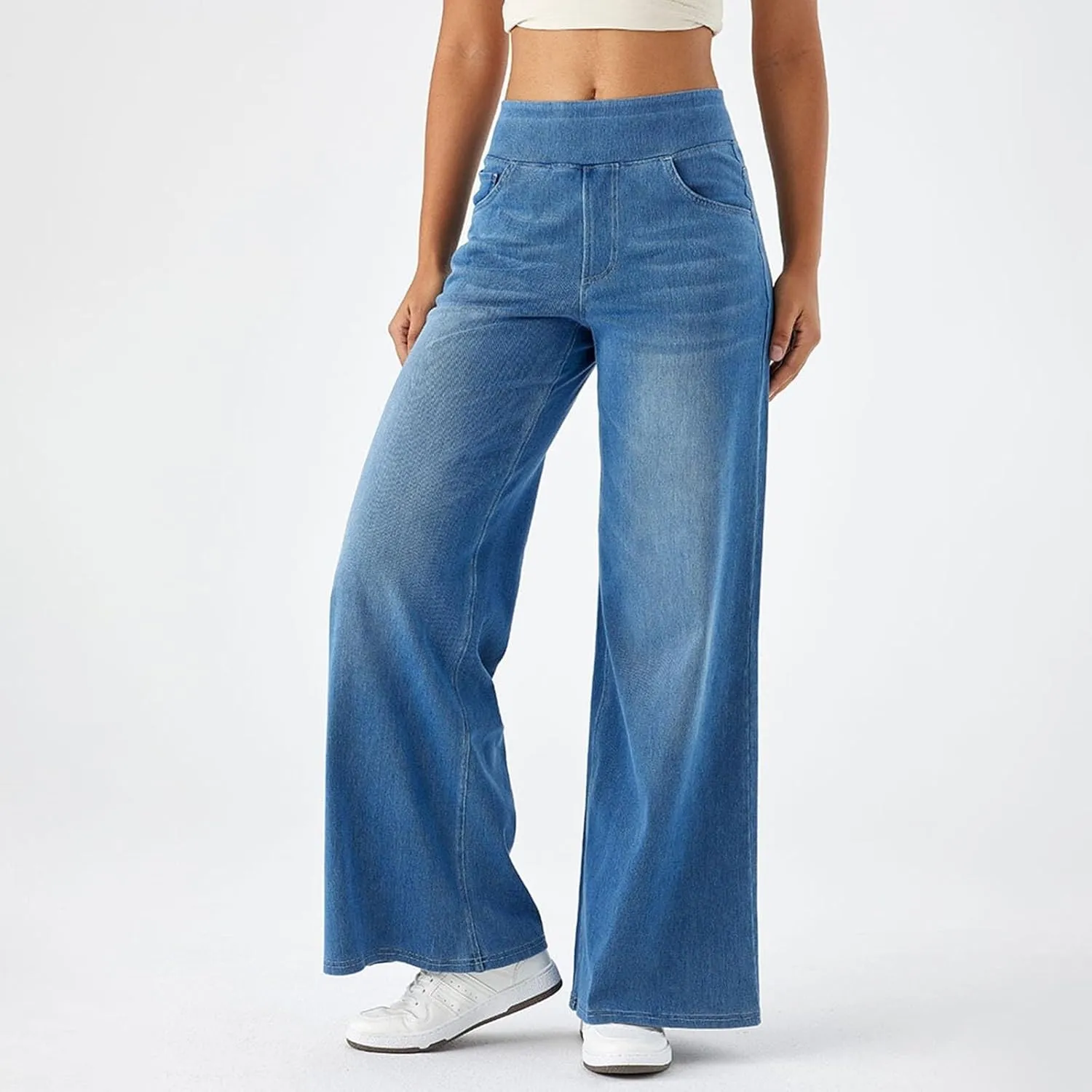 Womens Jeans Stretchy High Waist Wide Leg Baggy Jeans Loose Fit Casual Denim Pants with Pockets Trendy Outfits