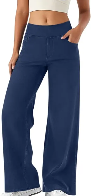 Womens Jeans Stretchy High Waist Wide Leg Baggy Jeans Loose Fit Casual Denim Pants with Pockets Trendy Outfits