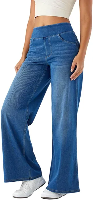 Womens Jeans Stretchy High Waist Wide Leg Baggy Jeans Loose Fit Casual Denim Pants with Pockets Trendy Outfits