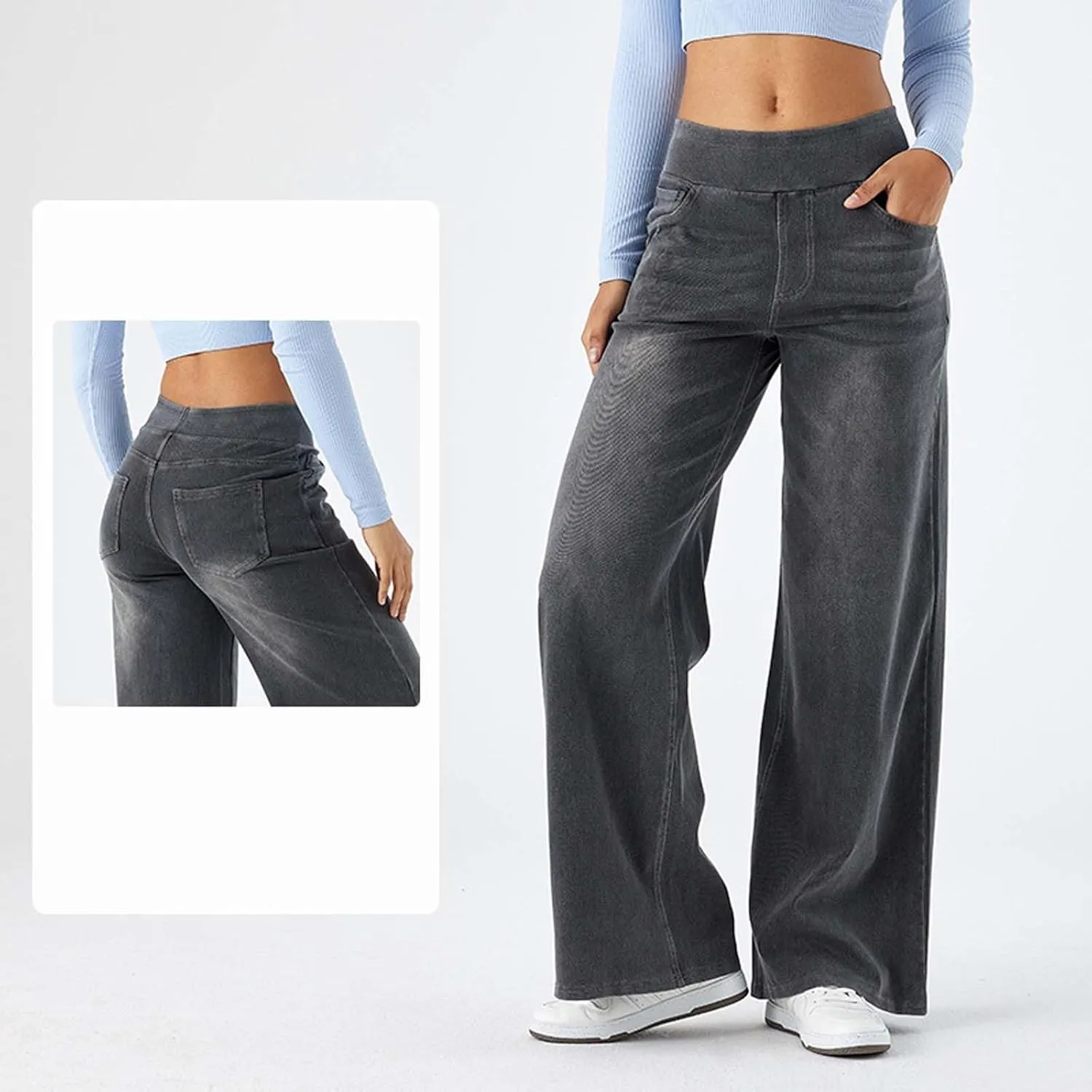 Womens Jeans Stretchy High Waist Wide Leg Baggy Jeans Loose Fit Casual Denim Pants with Pockets Trendy Outfits