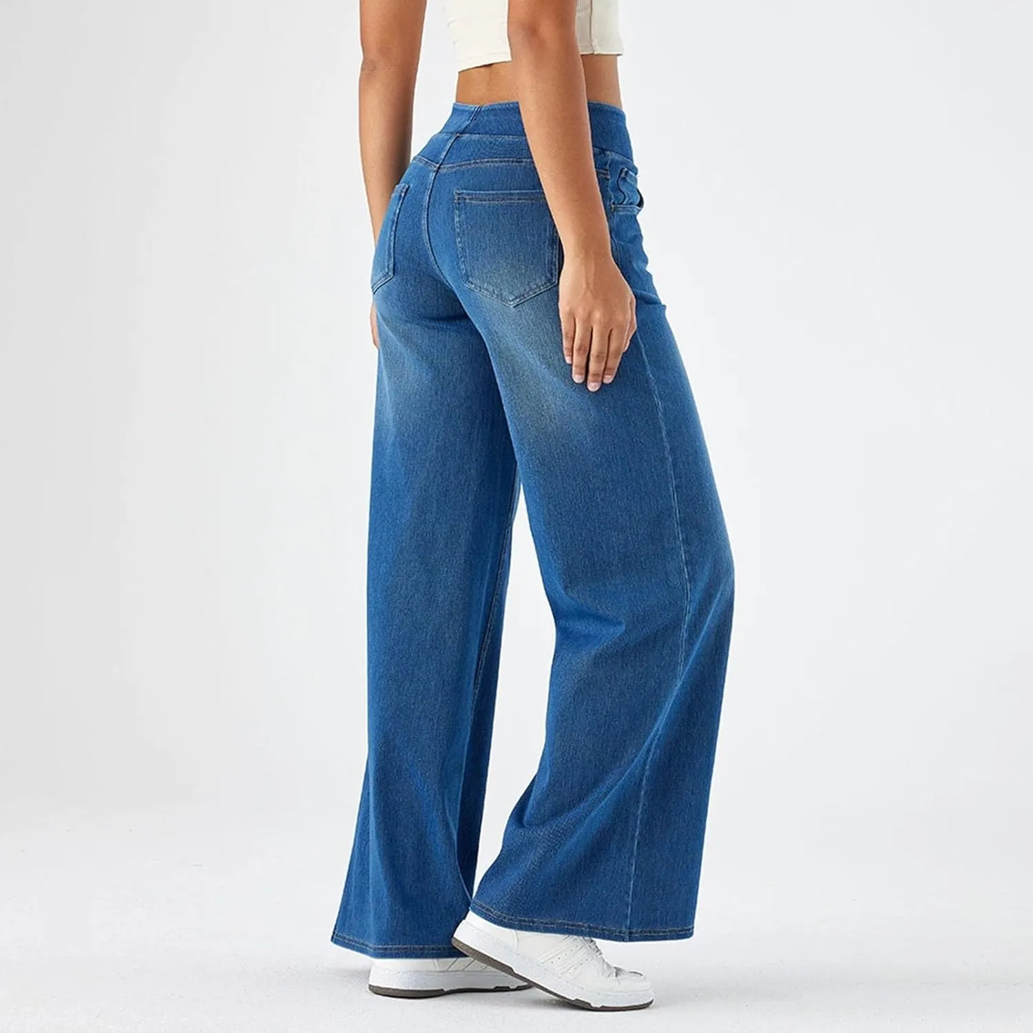 Womens Jeans Stretchy High Waist Wide Leg Baggy Jeans Loose Fit Casual Denim Pants with Pockets Trendy Outfits