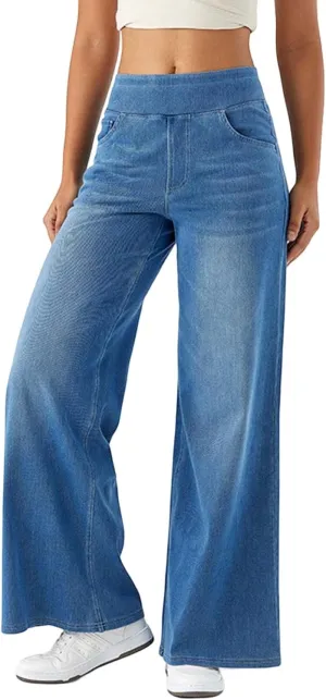 Womens Jeans Stretchy High Waist Wide Leg Baggy Jeans Loose Fit Casual Denim Pants with Pockets Trendy Outfits