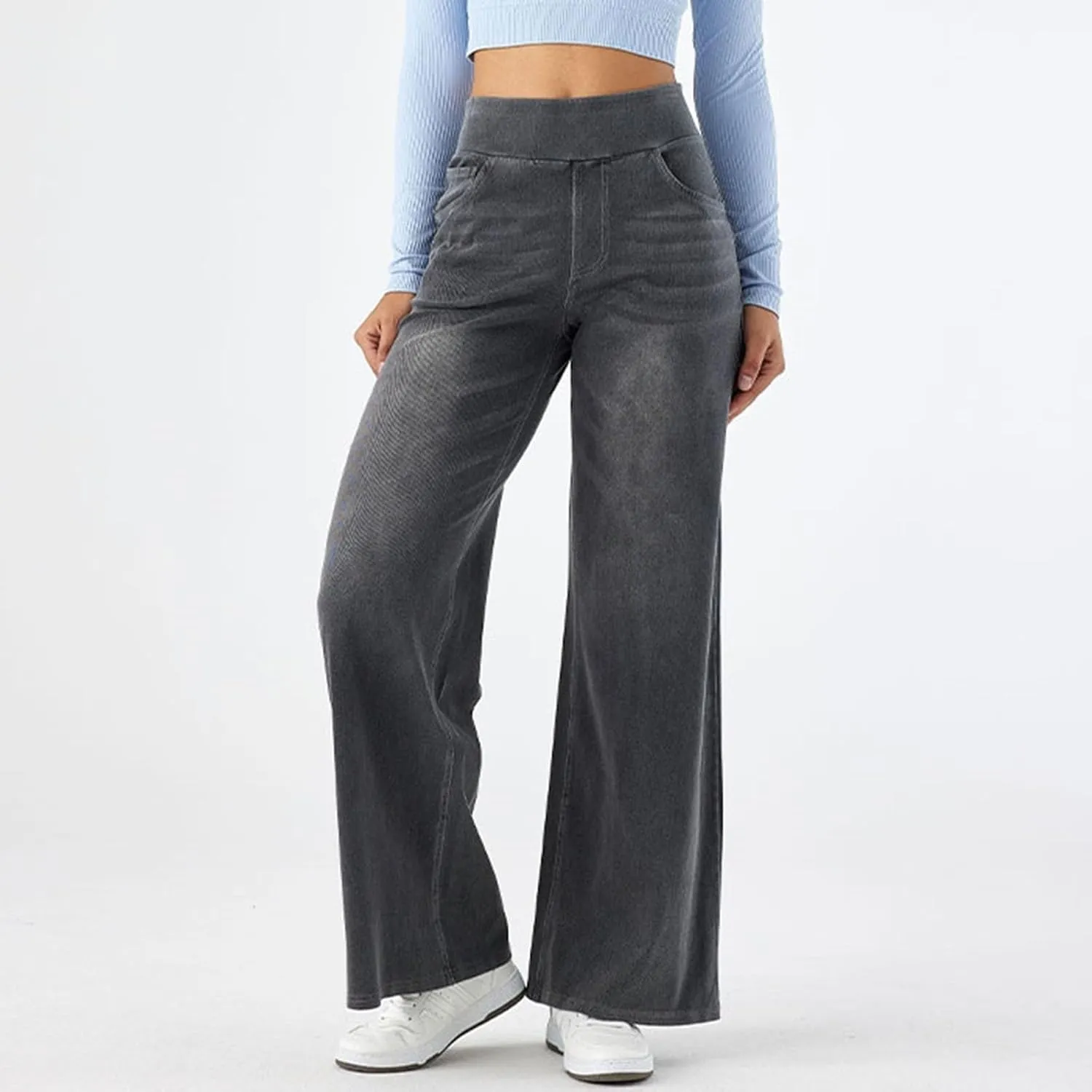 Womens Jeans Stretchy High Waist Wide Leg Baggy Jeans Loose Fit Casual Denim Pants with Pockets Trendy Outfits