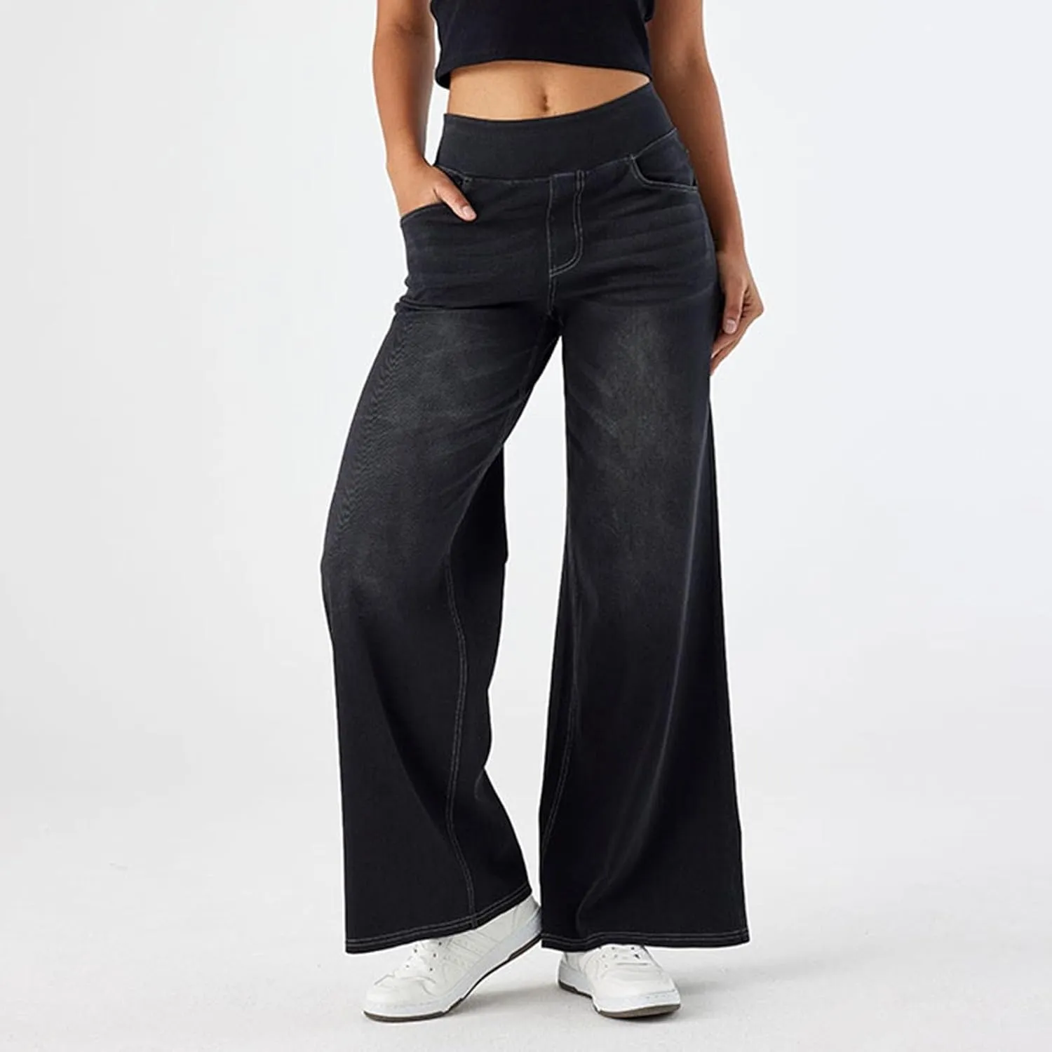 Womens Jeans Stretchy High Waist Wide Leg Baggy Jeans Loose Fit Casual Denim Pants with Pockets Trendy Outfits