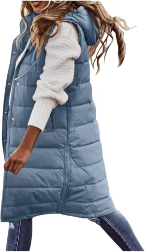 Women'S Long Vest Sleeveless Puffer Jacket Lightweight Hooded Down Outerwear Coat Quilted Vest With Hood Jacket