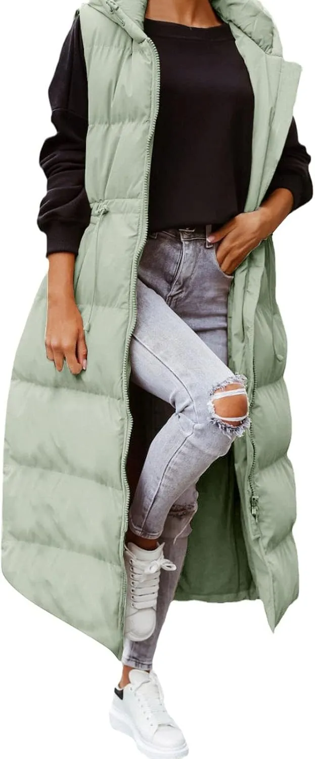 Women'S Long Vest Sleeveless Puffer Jacket Lightweight Hooded Down Outerwear Coat Quilted Vest With Hood Jacket