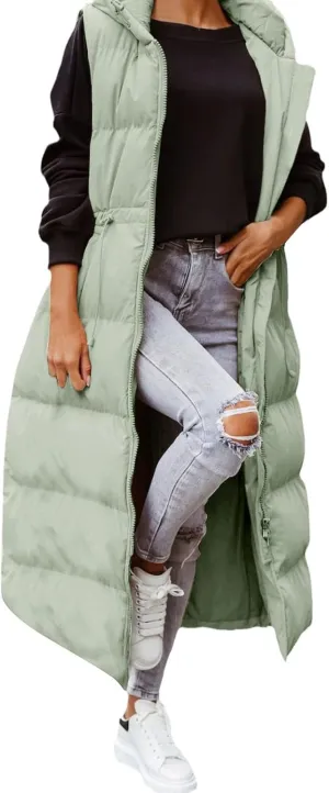 Women'S Long Vest Sleeveless Puffer Jacket Lightweight Hooded Down Outerwear Coat Quilted Vest With Hood Jacket