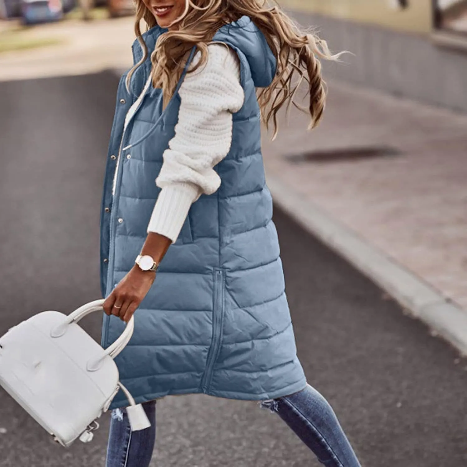 Women'S Long Vest Sleeveless Puffer Jacket Lightweight Hooded Down Outerwear Coat Quilted Vest With Hood Jacket