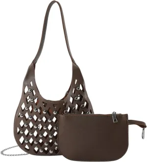 Women's PU Leather Shoulder Bag Punk Rivet Handbag Hollow Crossbody Bag Large Satchel Bag Unique Messenger Bag