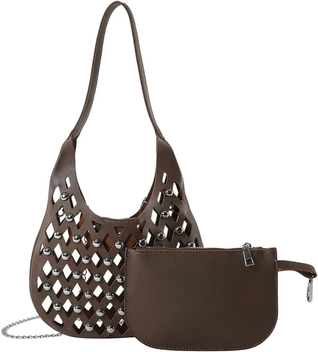 Women's PU Leather Shoulder Bag Punk Rivet Handbag Hollow Crossbody Bag Large Satchel Bag Unique Messenger Bag