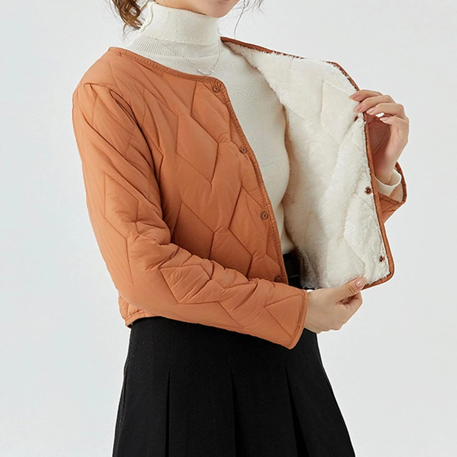 Womens Quilted Jackets Long Sleeve Button Down Cropped Coat Fall Winter Plush Warm Comfy Plus Size Solid Outerwear