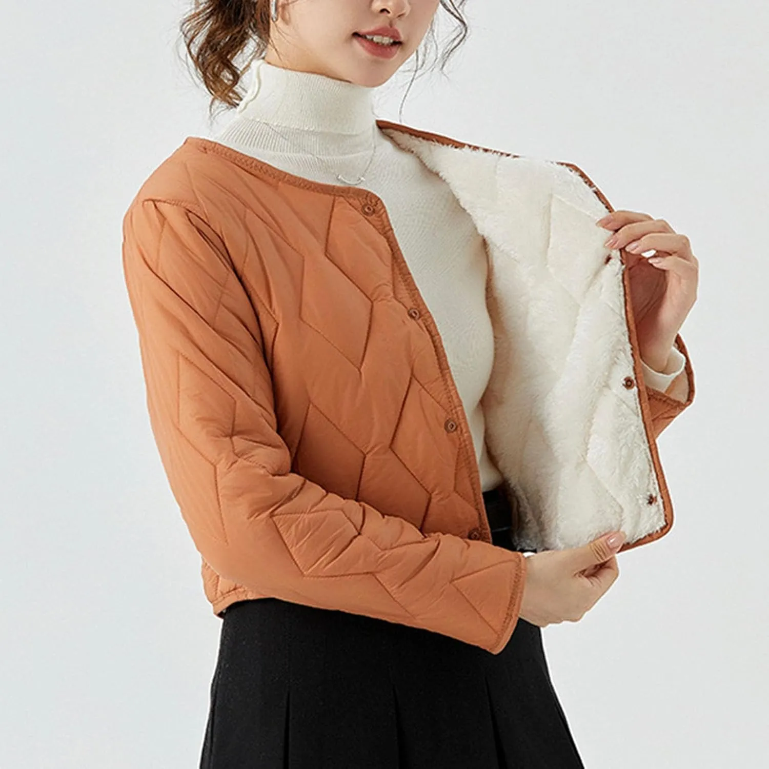 Womens Quilted Jackets Long Sleeve Button Down Cropped Coat Fall Winter Plush Warm Comfy Plus Size Solid Outerwear