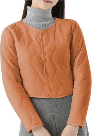 Womens Quilted Jackets Long Sleeve Button Down Cropped Coat Fall Winter Plush Warm Comfy Plus Size Solid Outerwear