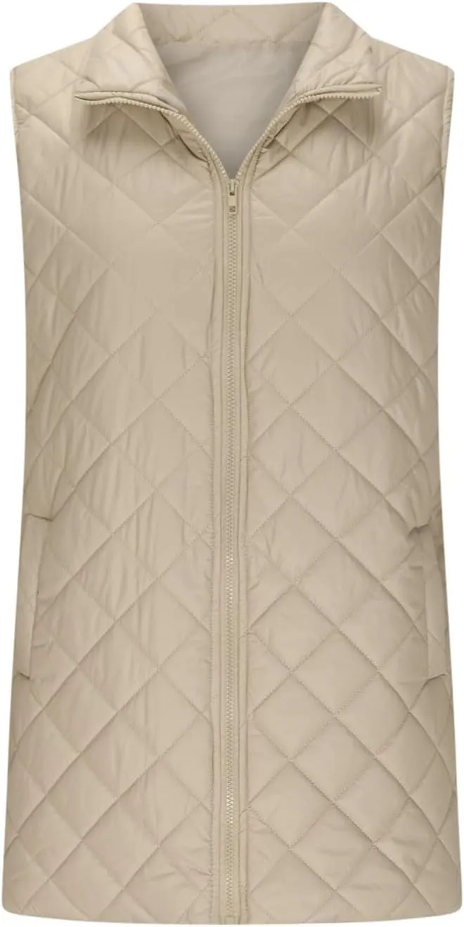 Women's Quilted Long Vest Basic Solid Color Lightweight Padded Gilet Petite Sleeveless Warm Coat Outerwear 2024