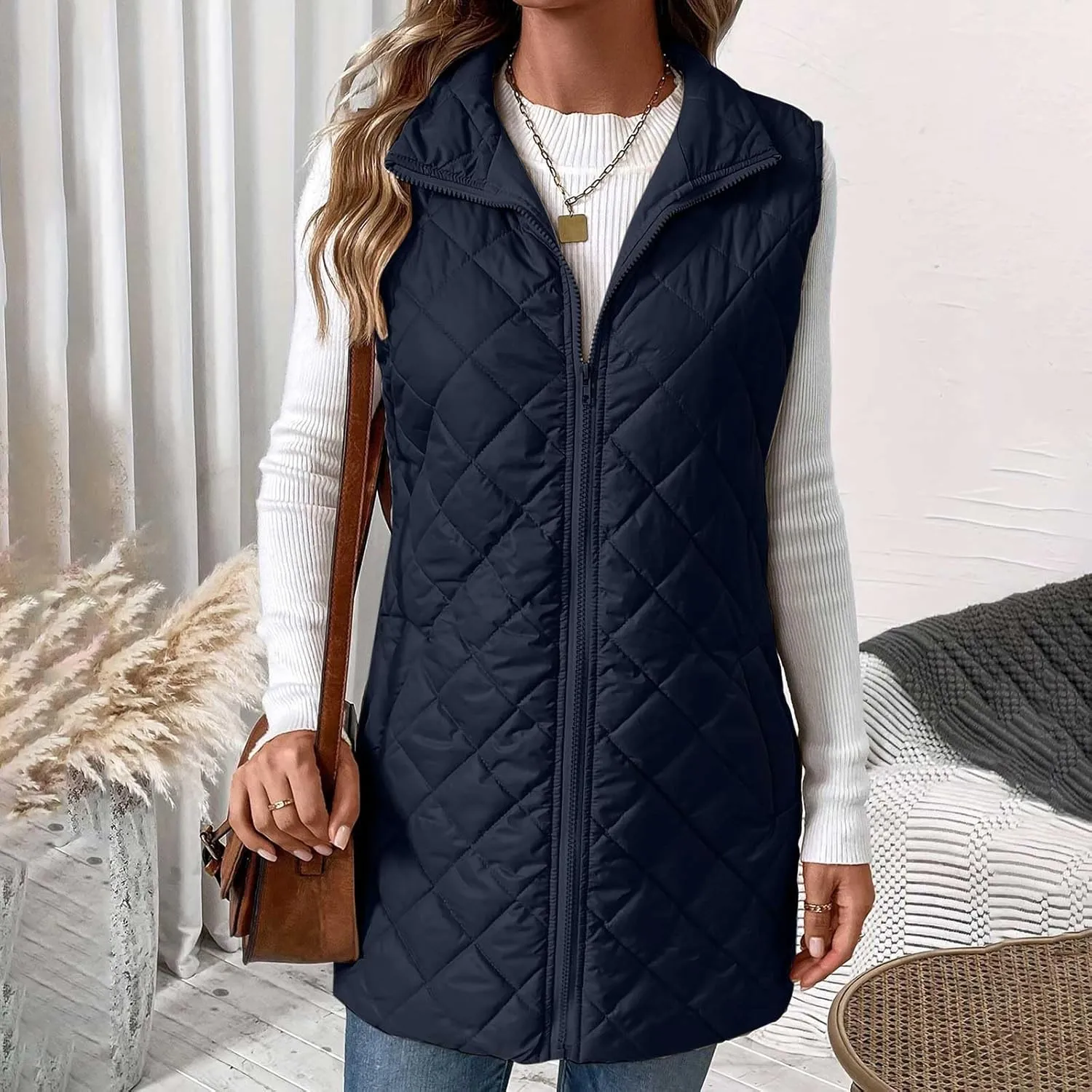 Women's Quilted Long Vest Basic Solid Color Lightweight Padded Gilet Petite Sleeveless Warm Coat Outerwear 2024