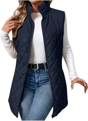 Women's Quilted Long Vest Basic Solid Color Lightweight Padded Gilet Petite Sleeveless Warm Coat Outerwear 2024