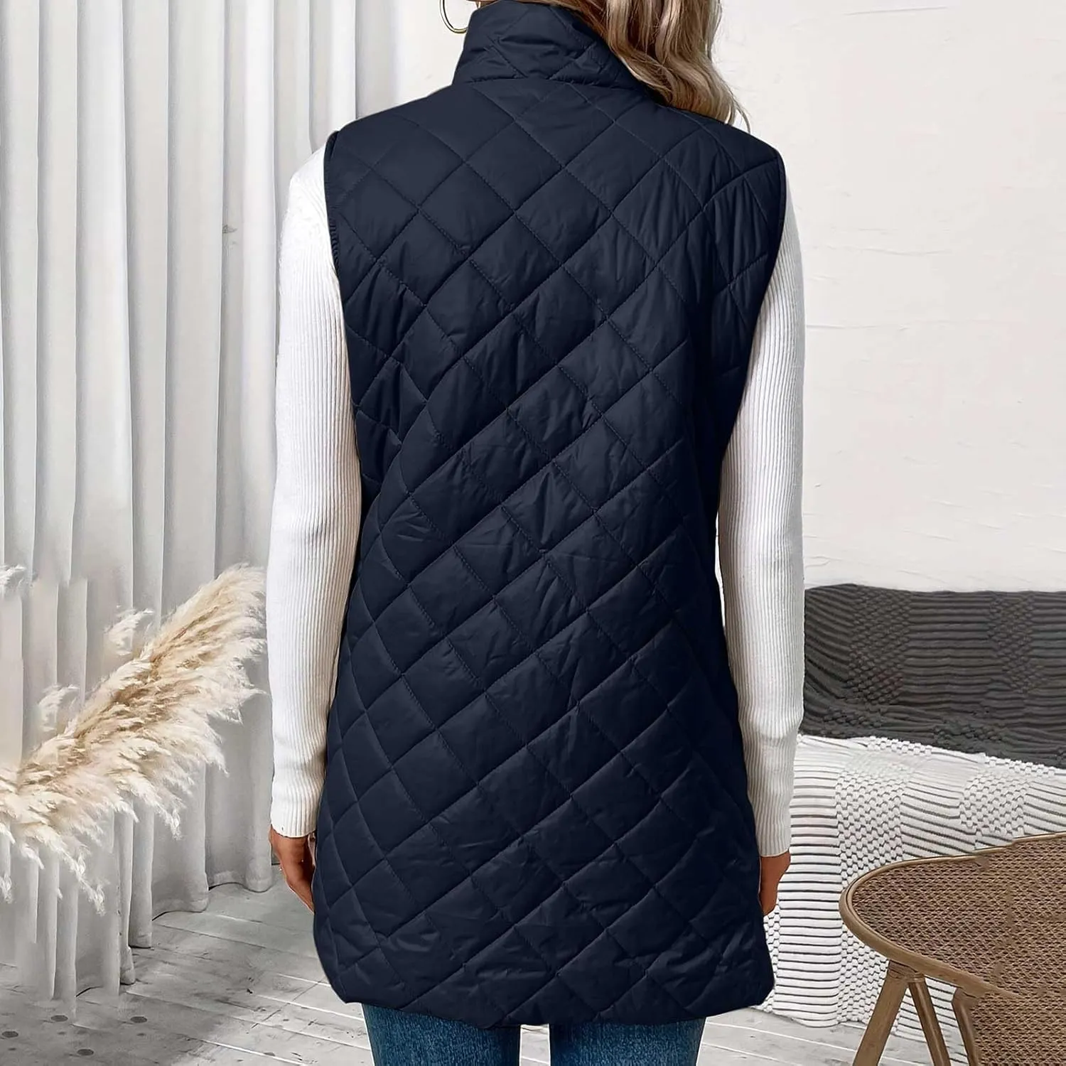 Women's Quilted Long Vest Basic Solid Color Lightweight Padded Gilet Petite Sleeveless Warm Coat Outerwear 2024