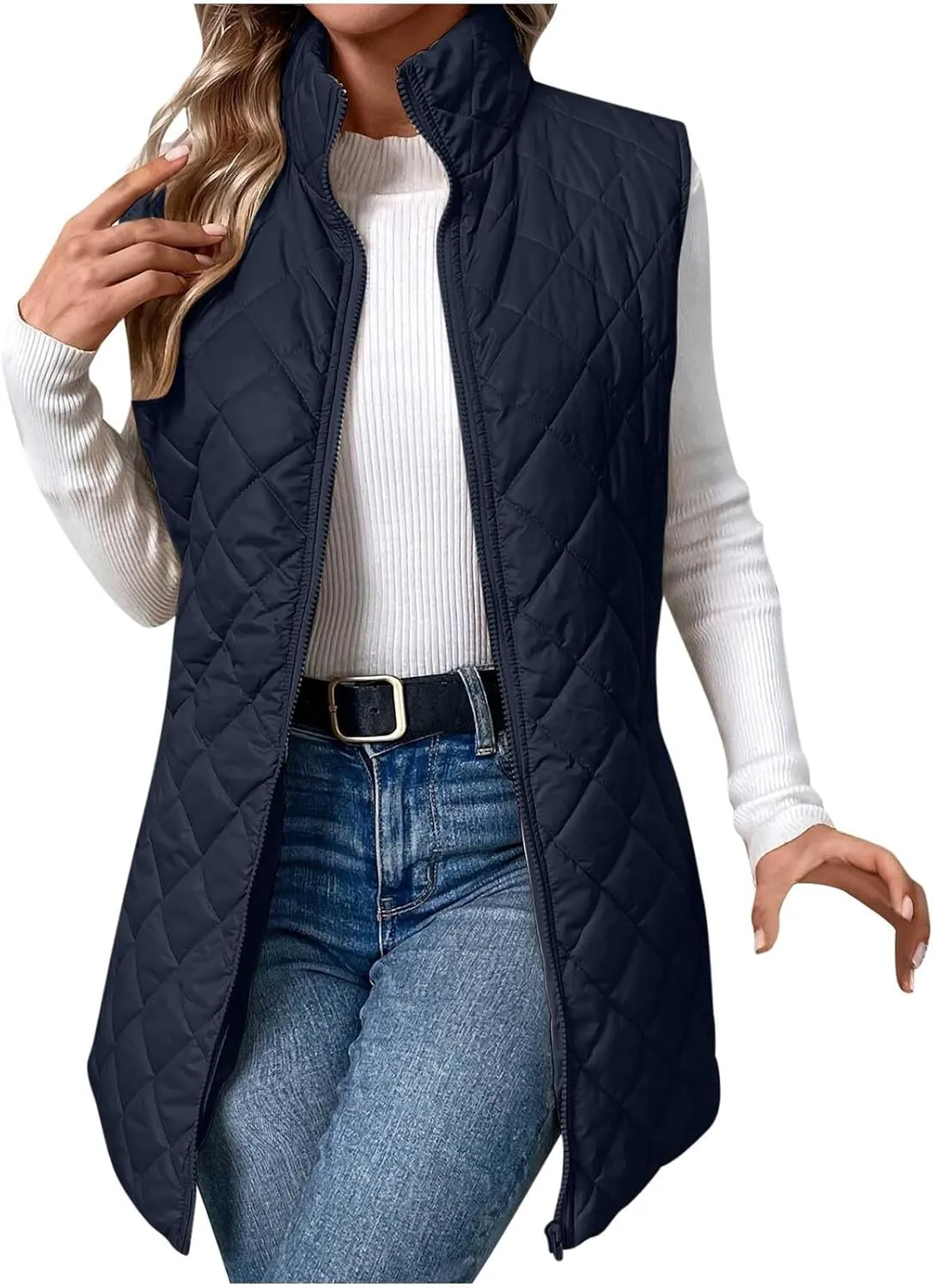 Women's Quilted Long Vest Basic Solid Color Lightweight Padded Gilet Petite Sleeveless Warm Coat Outerwear 2024