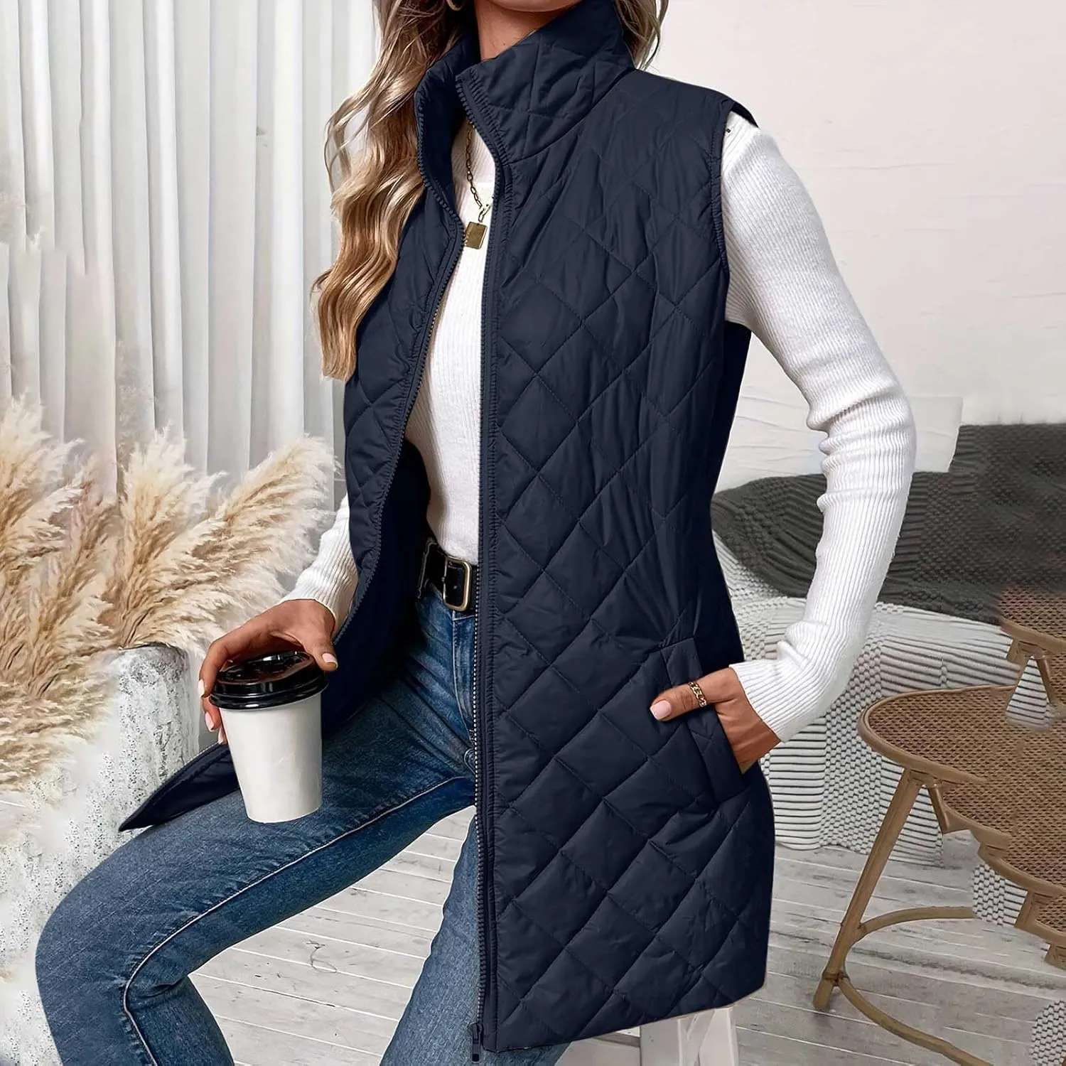 Women's Quilted Long Vest Basic Solid Color Lightweight Padded Gilet Petite Sleeveless Warm Coat Outerwear 2024